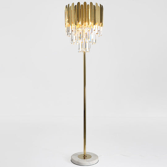 Postmodern Gold Taper Floor Lamp with 3-Light Prismatic Crystal for Living Room