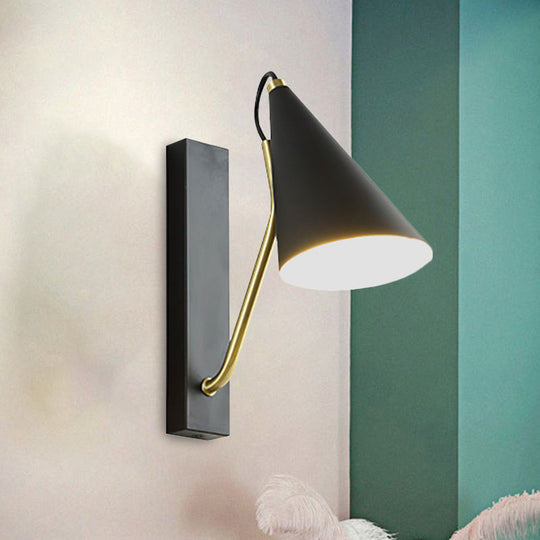 Modern Bedroom Wall Sconce with Cone Shade and Iron Base - Simple 1-Light Black/White Lamp