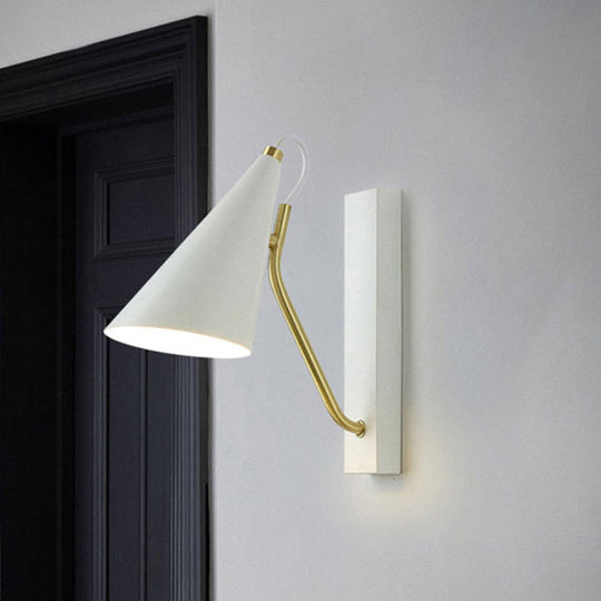 Modern Bedroom Wall Sconce with Cone Shade and Iron Base - Simple 1-Light Black/White Lamp