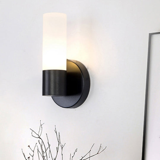 Modern Cylinder White Glass Sconce Lamp with 1 Black LED Light - Wall Mounted Fixture