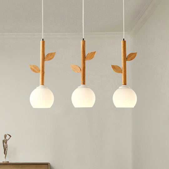 Rustic Flower Pendant Lamp w/ 3 Glass Lights & Wood Leaf for Kitchen Ceiling - White