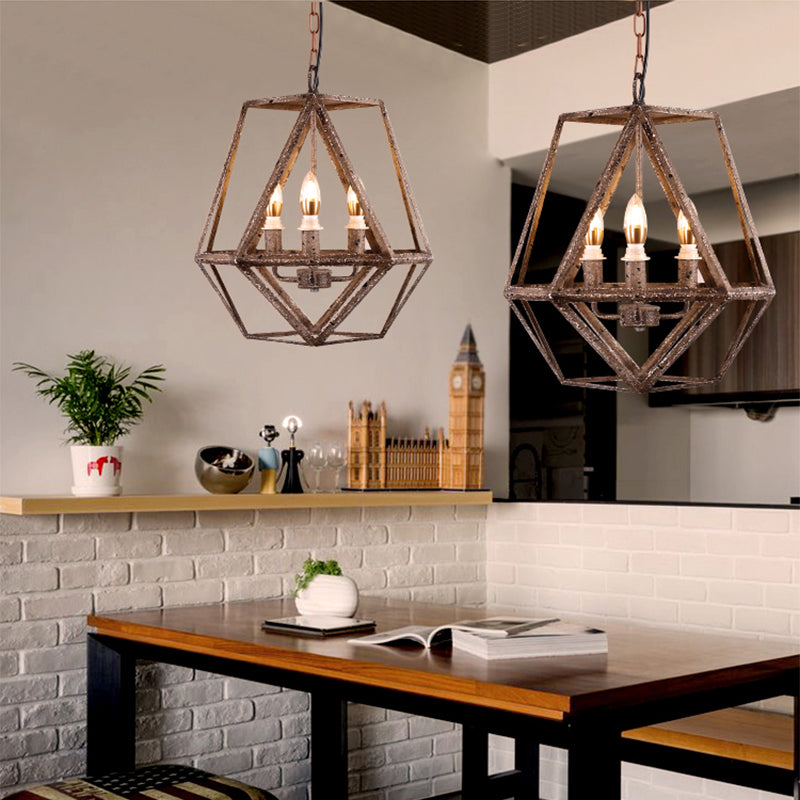 Geometric Rust Pendant Light - Classic Metal Chandelier for Dining Room with Candle Shade (3 Lights)