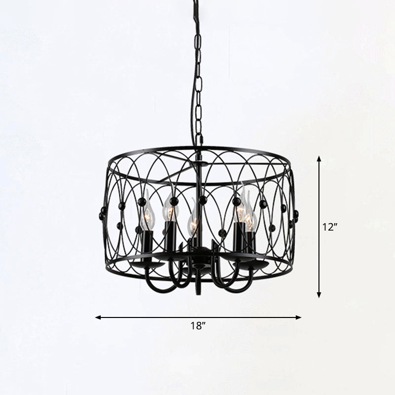 Rustic Black Drum Chandelier - 6-Head Metal Pendant Ceiling Light for Living Room - Candle Design
