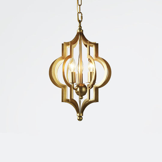 Traditional Gold Metal Hanging Candle Chandelier with Cage for Dining Room - 3 Bulbs, 12.5"/28" Wide