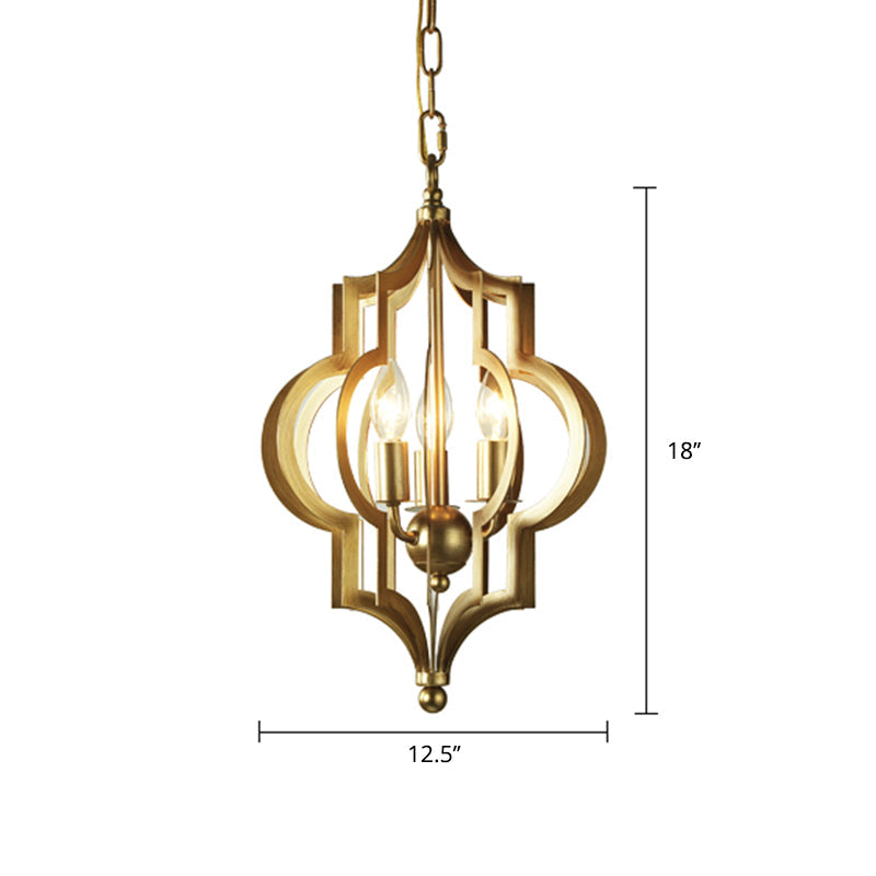 Traditional Gold Metal Hanging Candle Chandelier with Cage for Dining Room - 3 Bulbs, 12.5"/28" Wide