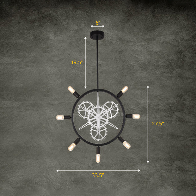 Industrial Hanging Chandelier with Exposed Bulb Design - 7/8 Bulbs, Iron Frame, Black/Silver Gear Wheel - Perfect for Dining Tables