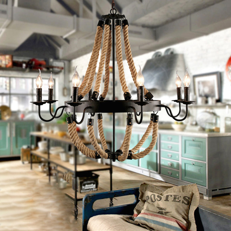 Loft Style Candelabrum Chandelier with 8 Bulbs and Hemp Rope - Black Hanging Lamp for Living Room