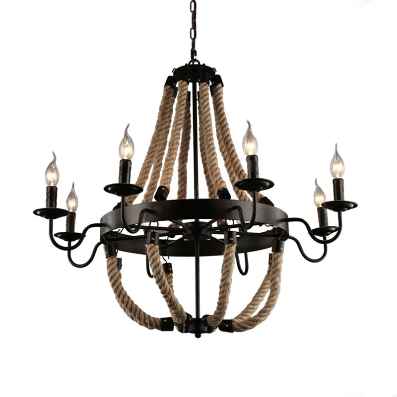 Loft Style Candelabrum Chandelier with 8 Bulbs and Hemp Rope - Black Hanging Lamp for Living Room