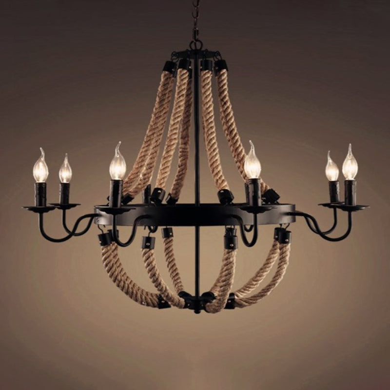 Loft Style Candelabrum Chandelier with 8 Bulbs and Hemp Rope - Black Hanging Lamp for Living Room