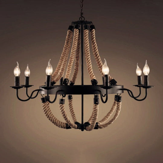 Loft Style Candelabrum Chandelier with 8 Bulbs and Hemp Rope - Black Hanging Lamp for Living Room