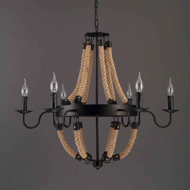 Loft Style Candelabrum Chandelier with 8 Bulbs and Hemp Rope - Black Hanging Lamp for Living Room