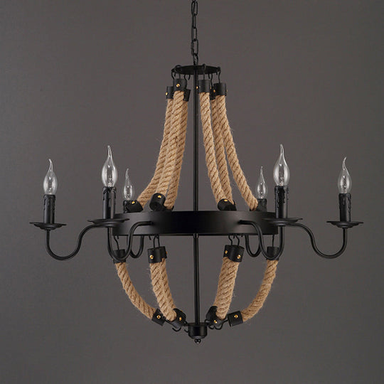 Loft Style Candelabrum Chandelier with 8 Bulbs and Hemp Rope - Black Hanging Lamp for Living Room