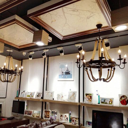 Loft Style Candelabrum Chandelier with 8 Bulbs and Hemp Rope - Black Hanging Lamp for Living Room
