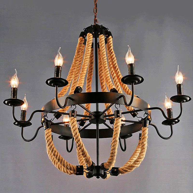 Loft Style Candelabrum Chandelier with 8 Bulbs and Hemp Rope - Black Hanging Lamp for Living Room