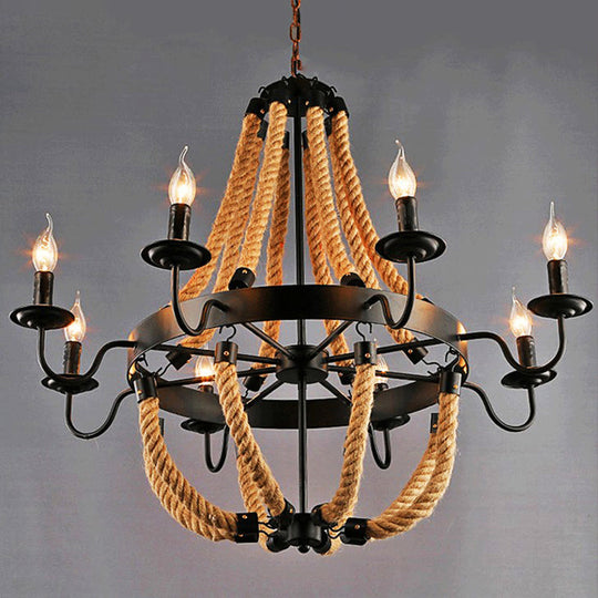 Loft Style Candelabrum Chandelier with 8 Bulbs and Hemp Rope - Black Hanging Lamp for Living Room