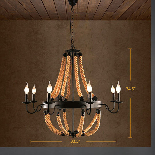 Loft Style Candelabrum Chandelier with 8 Bulbs and Hemp Rope - Black Hanging Lamp for Living Room
