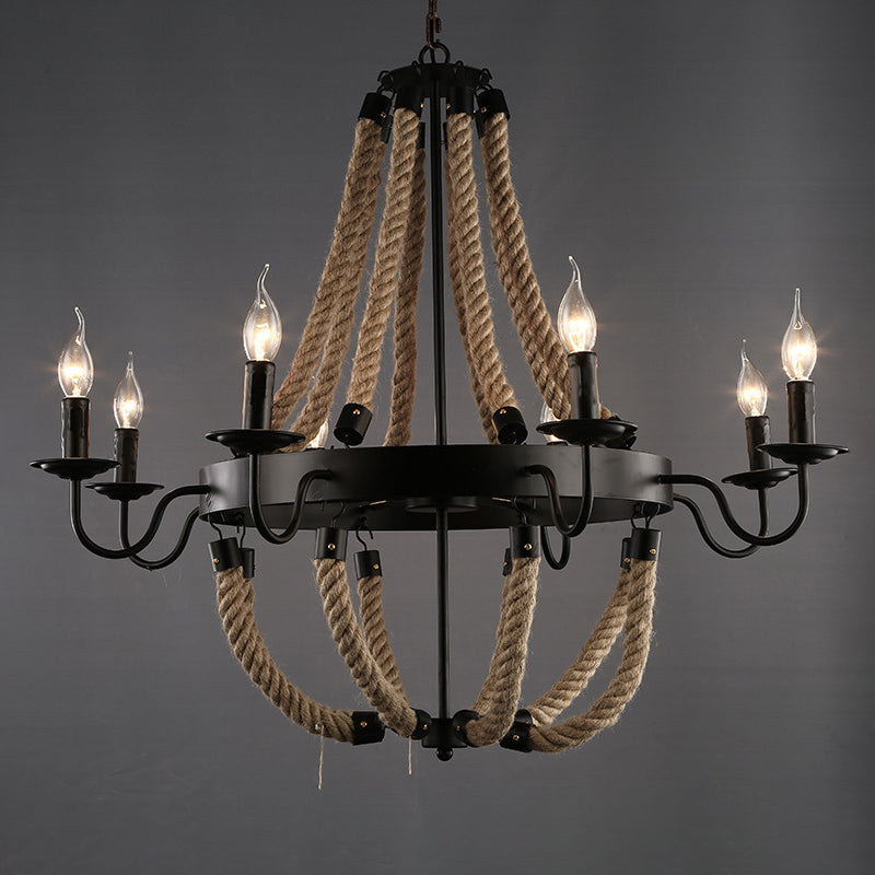 Loft Style Candelabrum Chandelier with 8 Bulbs and Hemp Rope - Black Hanging Lamp for Living Room
