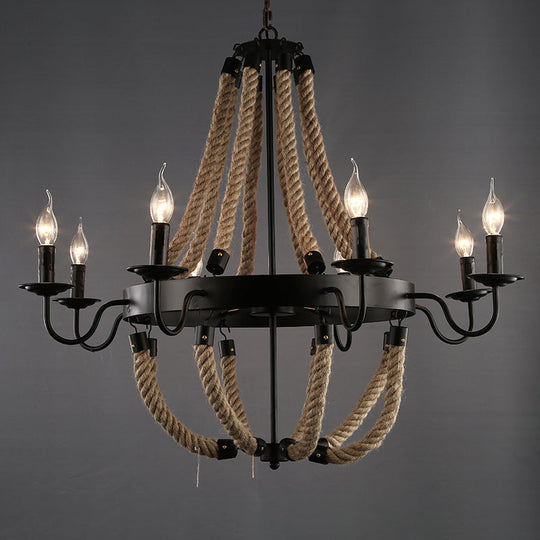 Loft Style Candelabrum Chandelier with 8 Bulbs and Hemp Rope - Black Hanging Lamp for Living Room