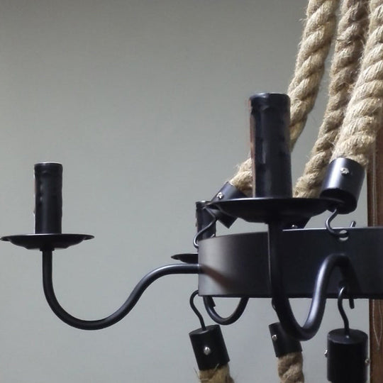 Loft Style Candelabrum Chandelier with 8 Bulbs and Hemp Rope - Black Hanging Lamp for Living Room
