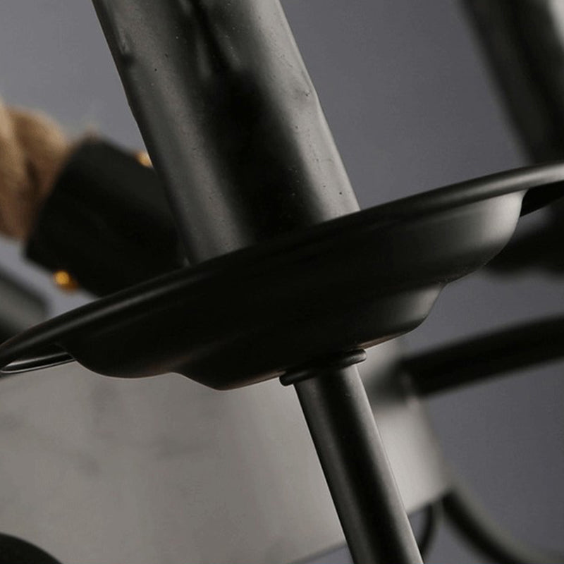 Loft Style Candelabrum Chandelier with 8 Bulbs and Hemp Rope - Black Hanging Lamp for Living Room