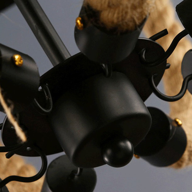 Loft Style Candelabrum Chandelier with 8 Bulbs and Hemp Rope - Black Hanging Lamp for Living Room
