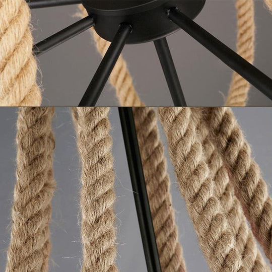 Loft Style Candelabrum Chandelier with 8 Bulbs and Hemp Rope - Black Hanging Lamp for Living Room