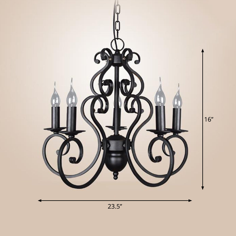 Classic Black Swirled Arm Pendant Chandelier – 5/6 Lights Metal Fixture for Living Room Ceiling