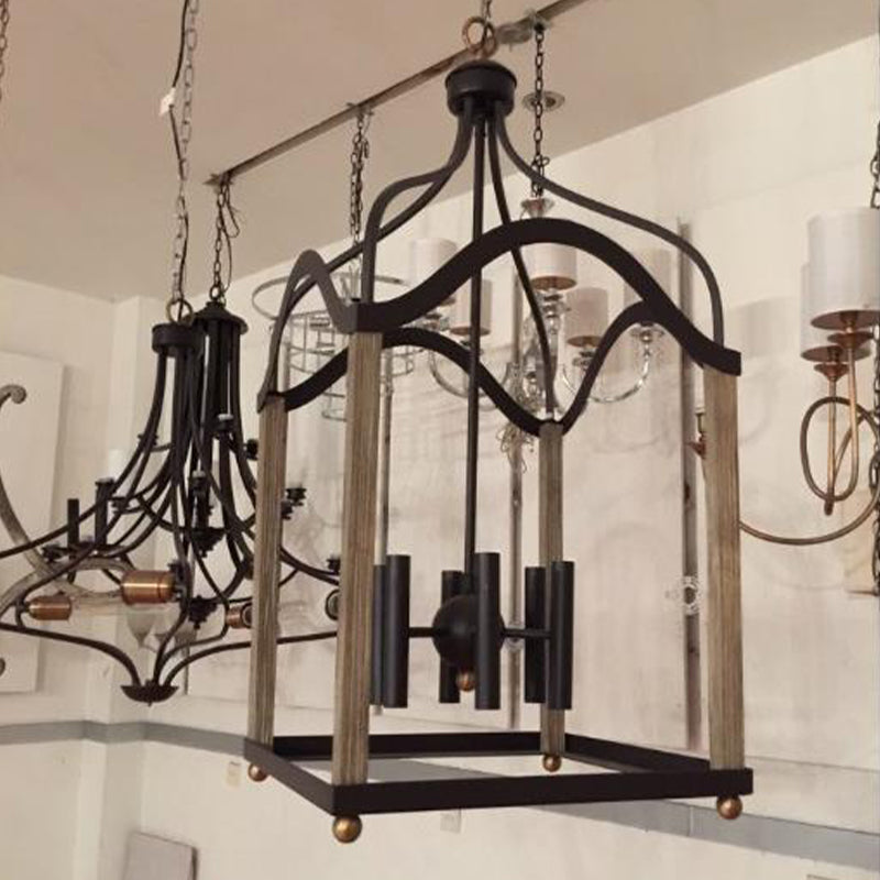Traditional Black Candle-Style Chandelier - 4 Lights Metal Hanging Pendant Light for Living Room with Cage Fixture