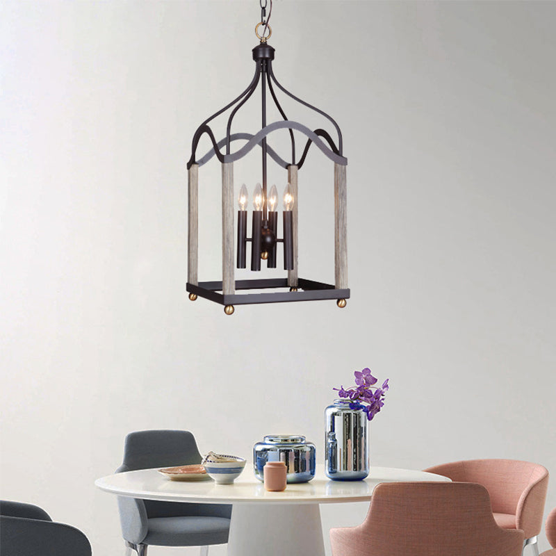 Traditional Black Candle-Style Chandelier - 4 Lights Metal Hanging Pendant Light for Living Room with Cage Fixture