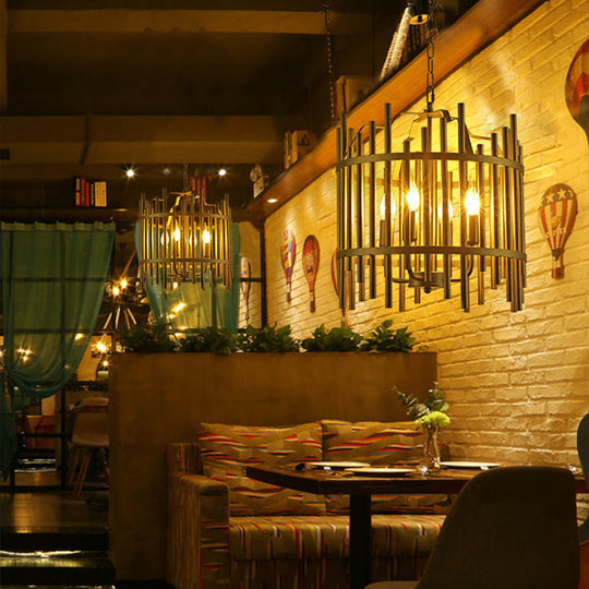 Traditional 4-Light Metal Chandelier - Strapped Cage Design for Dining Room Pendant Lighting