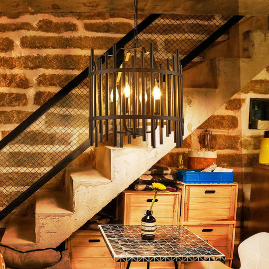 Traditional 4-Light Metal Chandelier - Strapped Cage Design for Dining Room Pendant Lighting