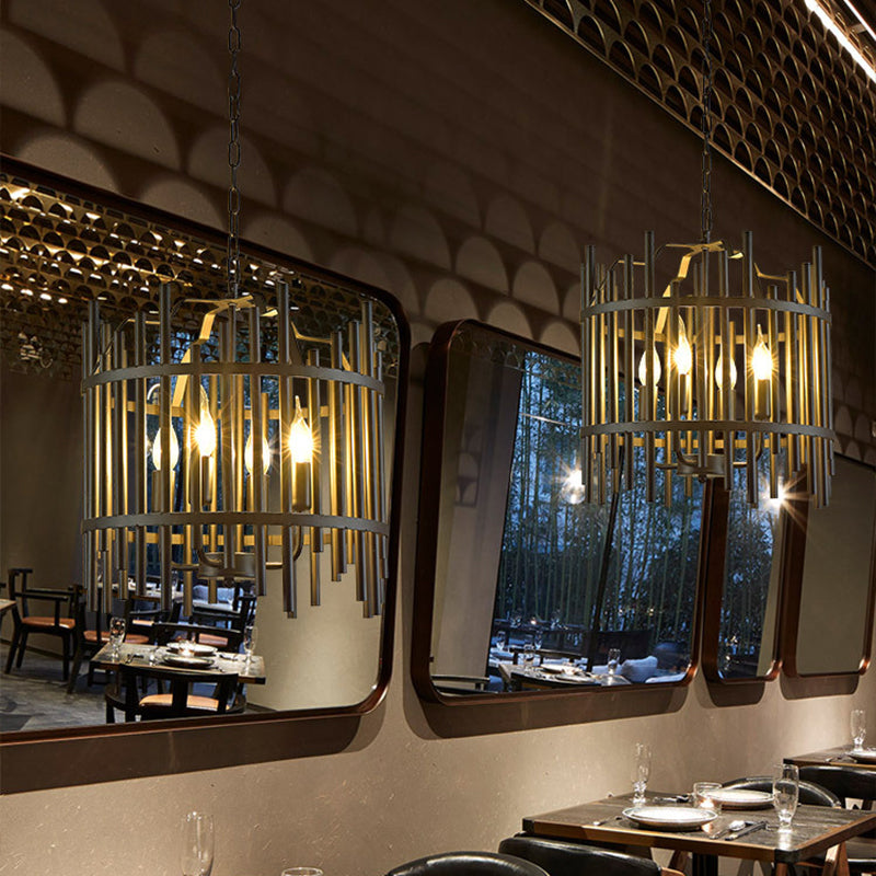 Traditional 4-Light Metal Chandelier - Strapped Cage Design for Dining Room Pendant Lighting