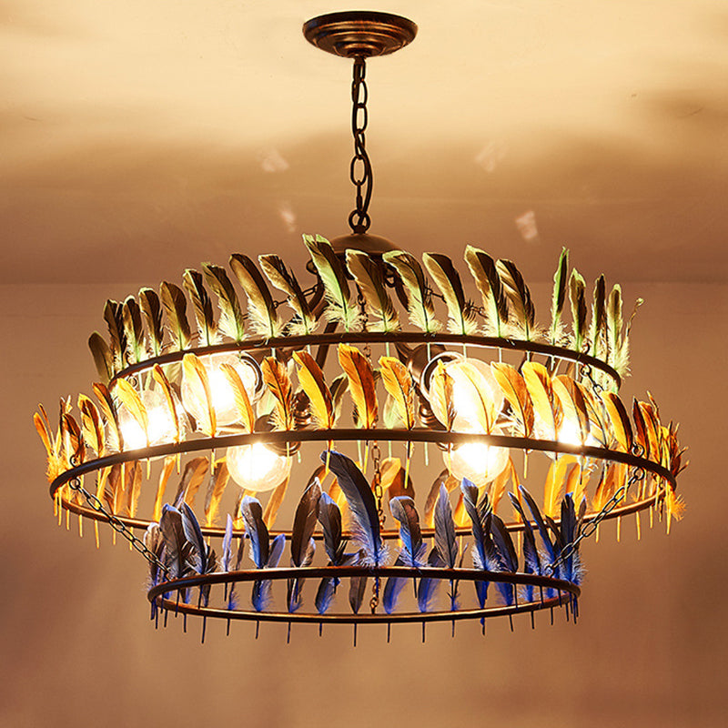 Yellow Traditional Metal Pendant Chandelier - Ring Living Room Light Fixture with 6 Hanging Lights