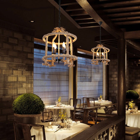 Beige 4-Light Chandelier: Traditional Rope Cylinder Pendant Lamp for Dining Room