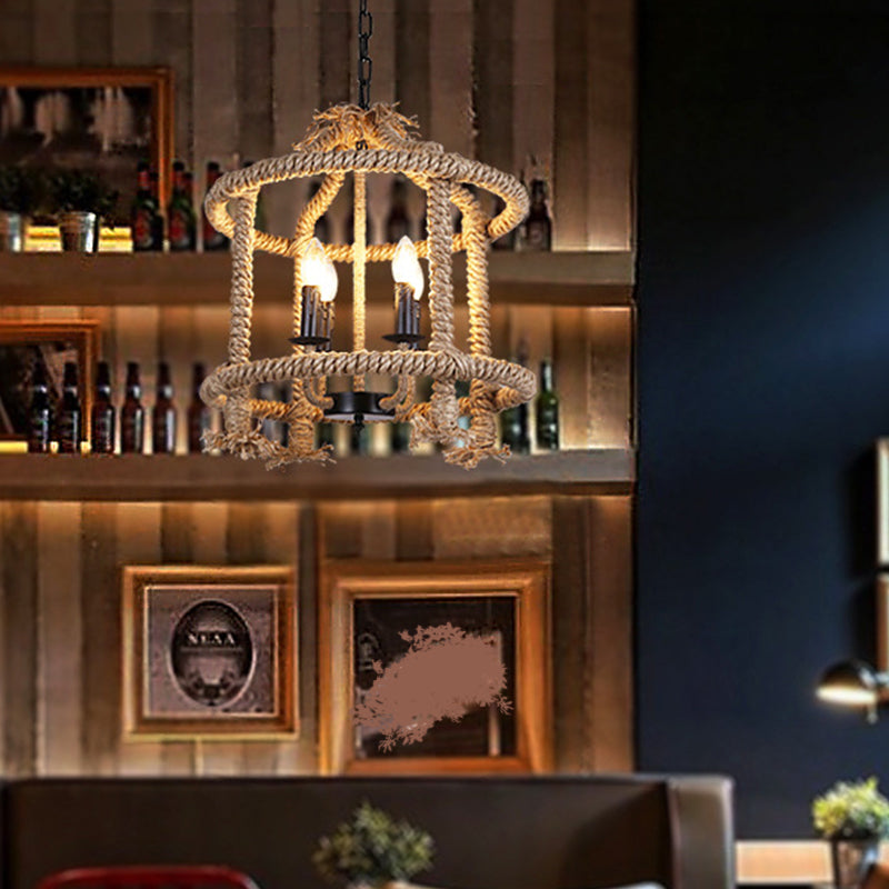 Beige 4-Light Chandelier: Traditional Rope Cylinder Pendant Lamp for Dining Room