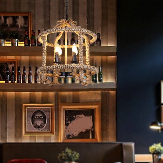 Beige 4-Light Chandelier: Traditional Rope Cylinder Pendant Lamp for Dining Room