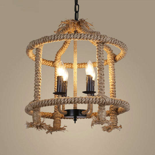 Beige 4-Light Chandelier: Traditional Rope Cylinder Pendant Lamp for Dining Room