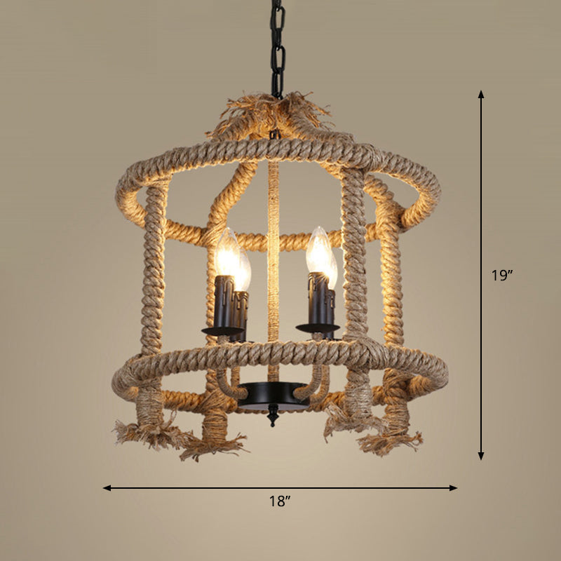 Beige 4-Light Chandelier: Traditional Rope Cylinder Pendant Lamp for Dining Room