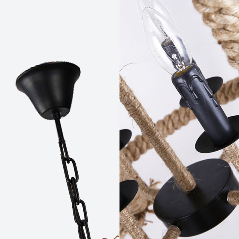 Beige 4-Light Chandelier: Traditional Rope Cylinder Pendant Lamp for Dining Room