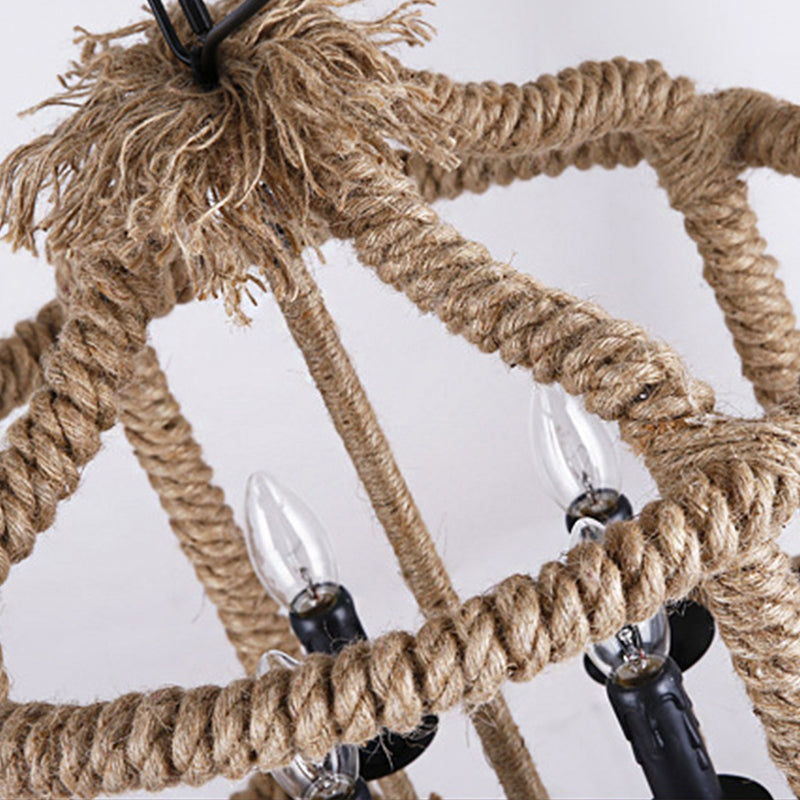 Beige 4-Light Chandelier: Traditional Rope Cylinder Pendant Lamp for Dining Room