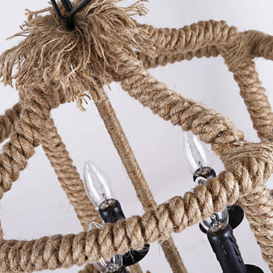 Beige 4-Light Chandelier: Traditional Rope Cylinder Pendant Lamp for Dining Room