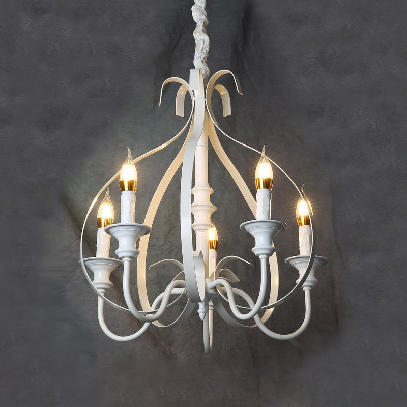 Traditional White Metal Chandelier Light with Swooping Arms – 5 Lights for Dining Room Pendant Lighting