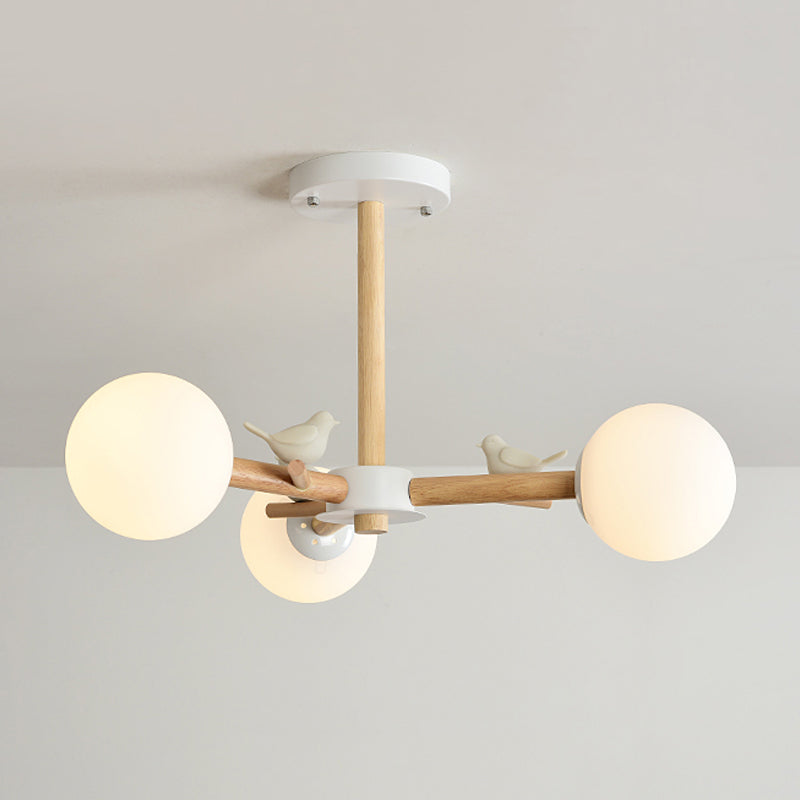 Japanese-Inspired Bedroom Chandelier with Orb Shade, Birds, Wood, and Glass in White