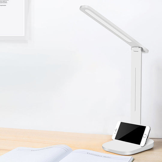 Adjustable White Oblong Shade Desk Lamp with Phone Holder - Modern Plastic Desk Light