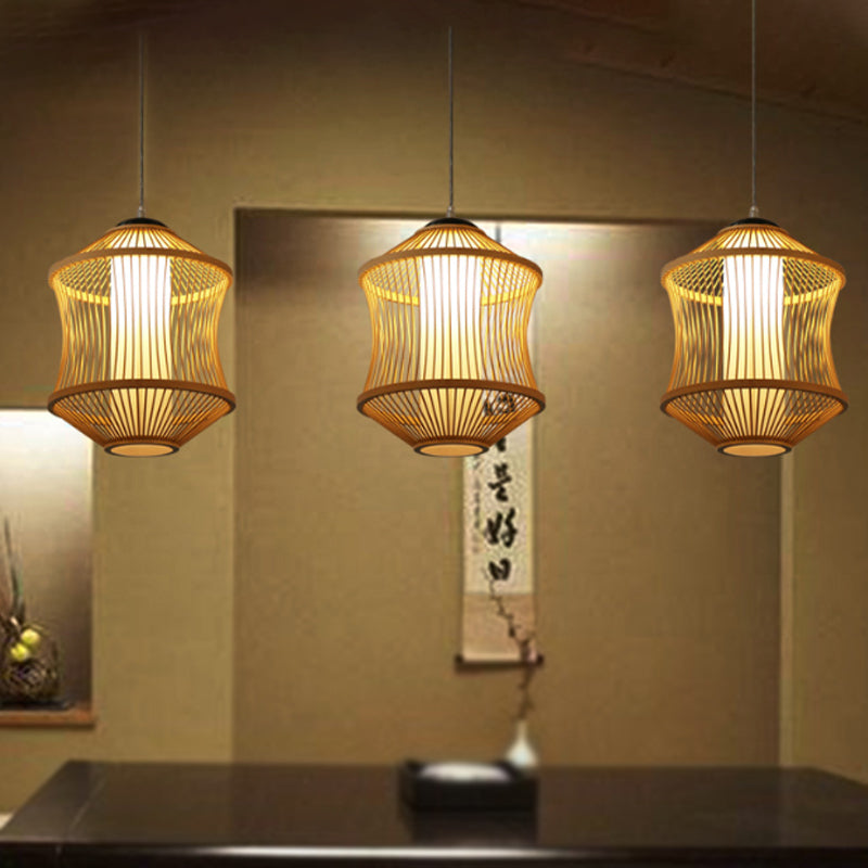 1 Head Asian Style Restaurant Hanging Light with Cylinder Bamboo Shade - Beige Ceiling Lamp