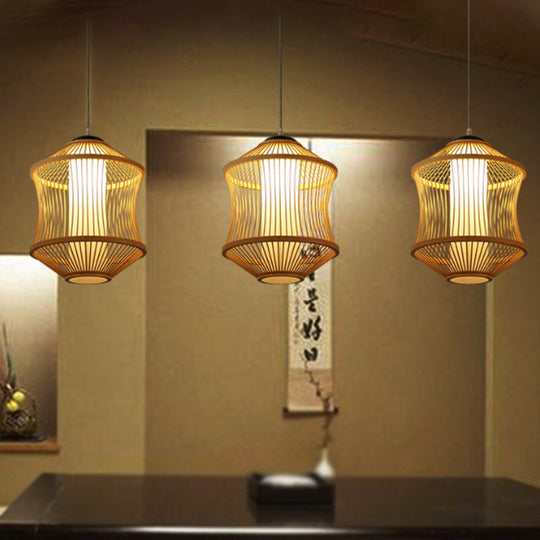 1 Head Asian Style Restaurant Hanging Light with Cylinder Bamboo Shade - Beige Ceiling Lamp
