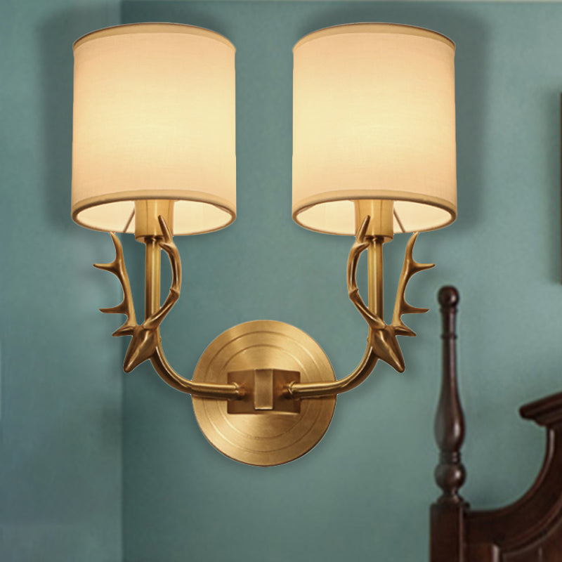 Modern 1/2 Lights Wall Sconce with Fabric Shade - Black/Gold Cylinder Wall Mount Fixture featuring Metal Antler