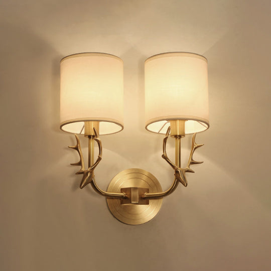 Modern 1/2 Lights Wall Sconce with Fabric Shade - Black/Gold Cylinder Wall Mount Fixture featuring Metal Antler
