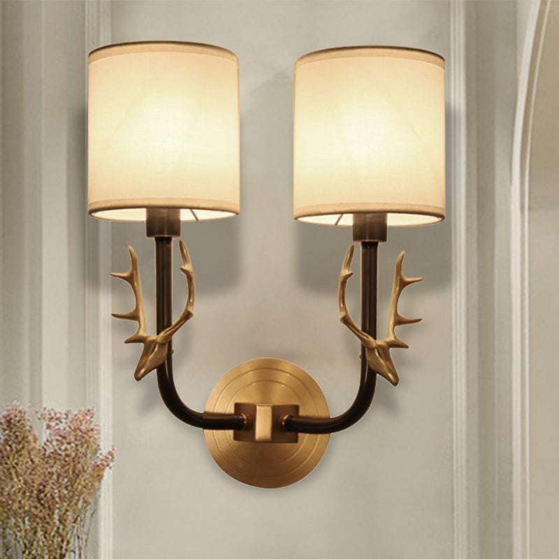 Modern 1/2 Lights Wall Sconce with Fabric Shade - Black/Gold Cylinder Wall Mount Fixture featuring Metal Antler