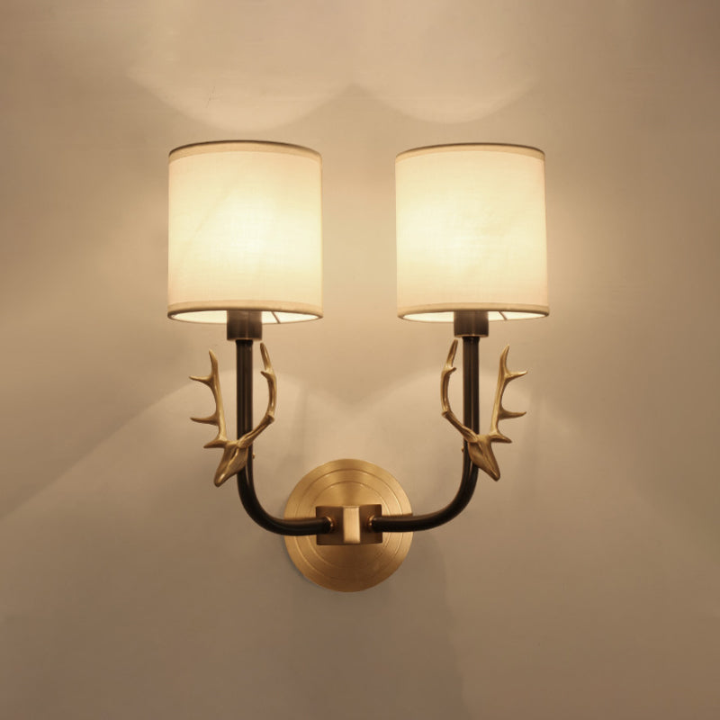Modern 1/2 Lights Wall Sconce with Fabric Shade - Black/Gold Cylinder Wall Mount Fixture featuring Metal Antler